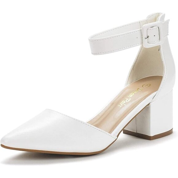 🆕 Women White Chunky Closed Toe Low Block Heels Dress Pointed Ankle Strap Pump - Picture 1 of 9